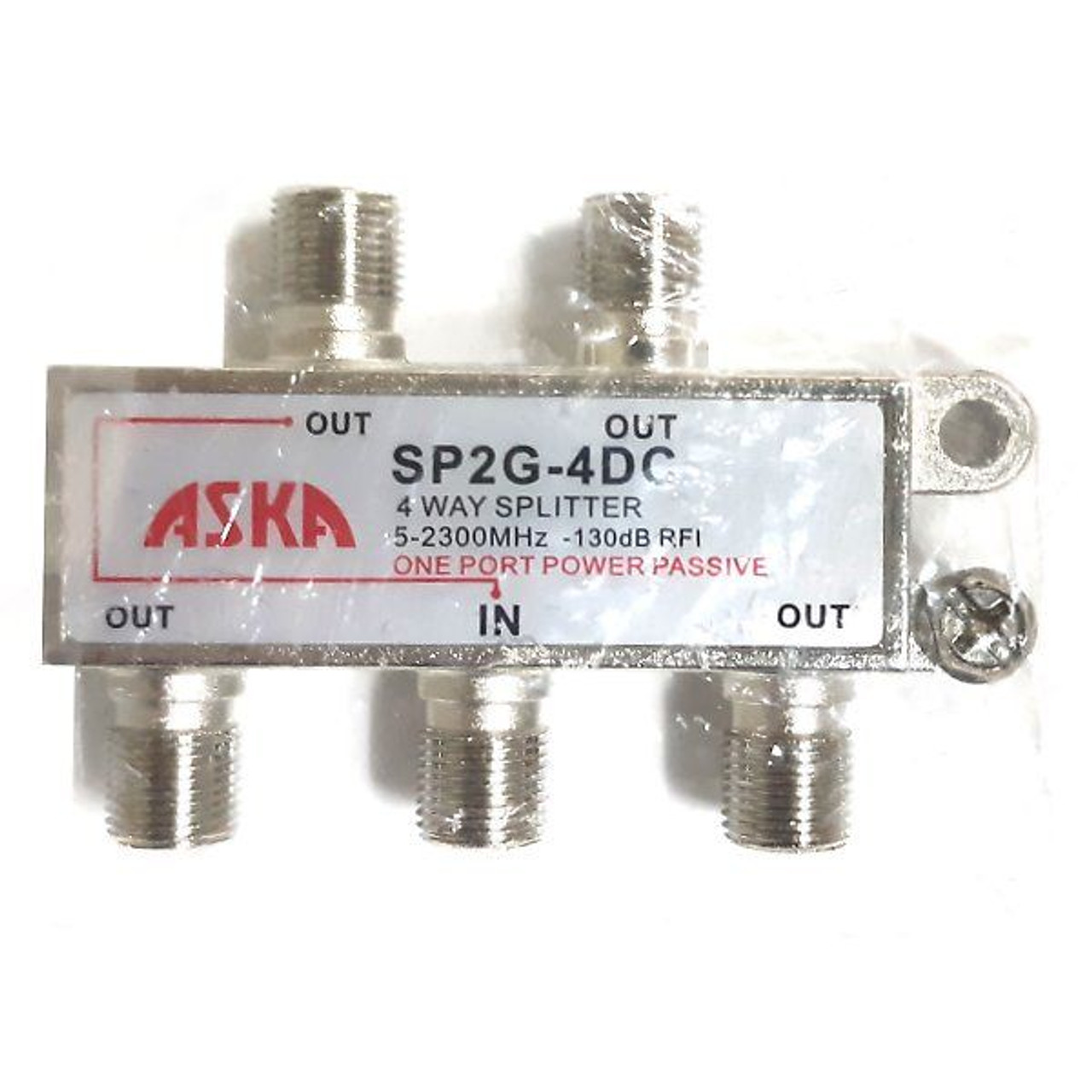 ASKA SP2G-4DC 4-Way Wideband Satellite Splitter 1 Port Power Passive 5-2300 MHz Satellite CATV Off-Air Signals UHF/VHF Video Splitter, Part # SP2G-4DC