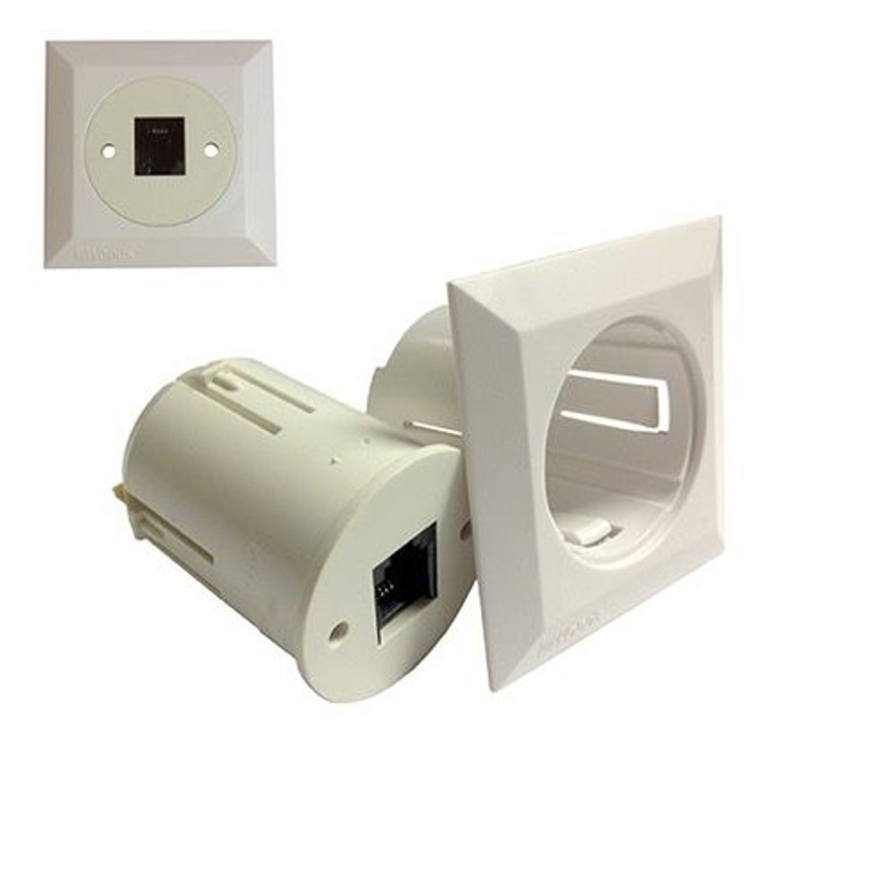 Eagle Telephone Wall Plate With RJ11 Jack 4 Conductor Outlet White Mounts Directly To Drywall or Paneling Flush Mount Screw Terminals 1 1/2" Inch Hole CAT 3 Modular Custom Round Flush Mount Phone Wall Insert System