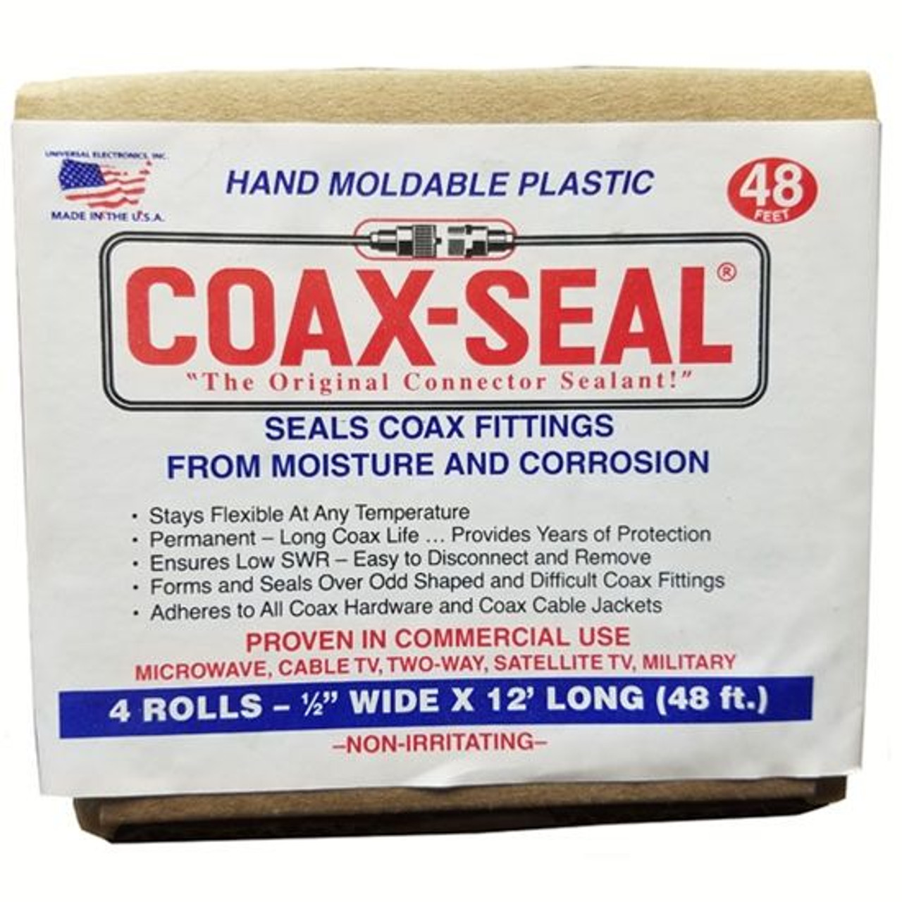 Coax-Seal 105 4 Pack 1/2" Inch x 12' Ft 3/32" Thick Hand Moldable Black Mastic Plastic Commercial Pack Tape Coax Sealant Tape for Fittings Universal Waterproof Non-Conducting Roll Wire Wrap