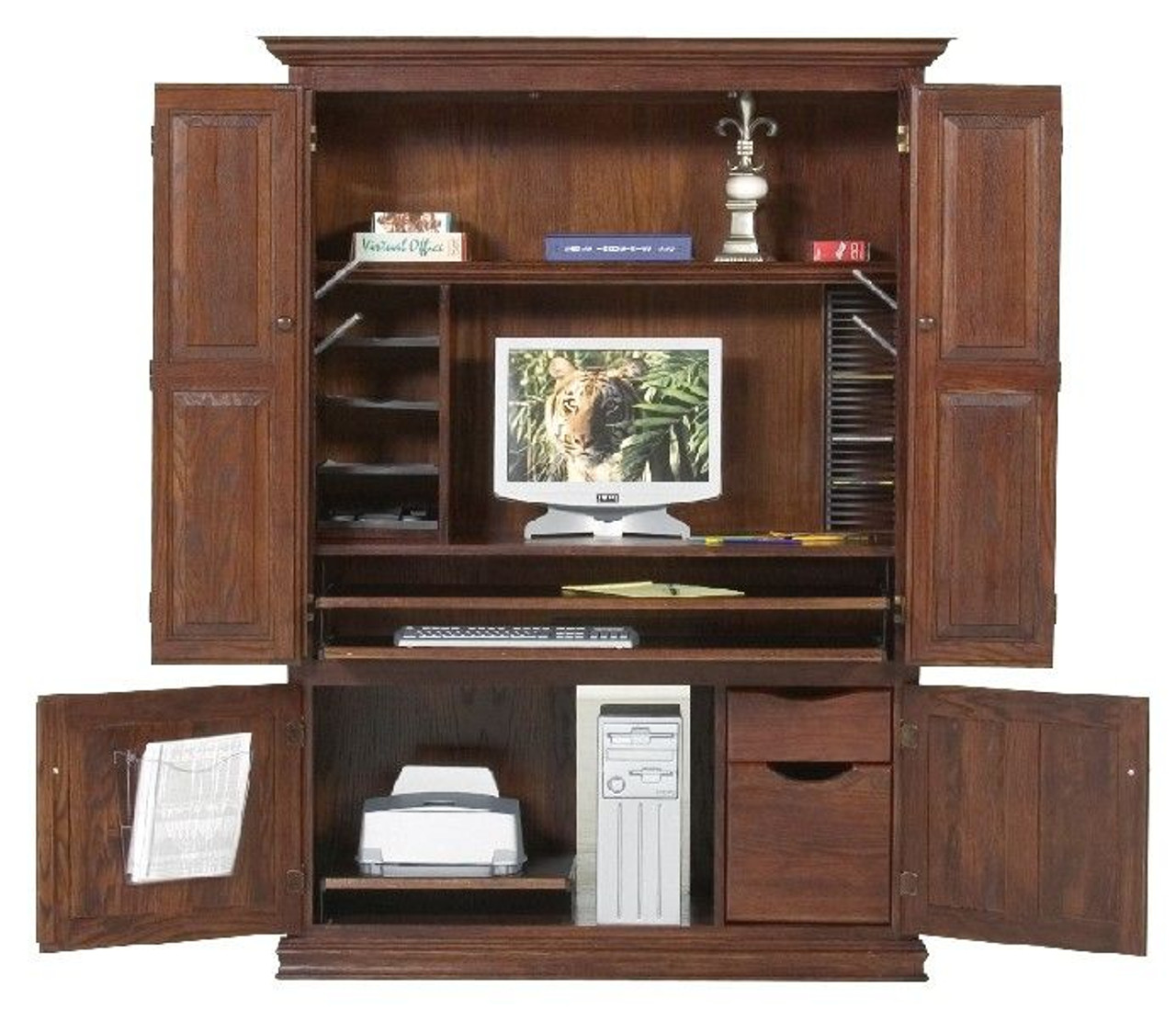 Eagle 53 x 73" Computer Armoire Grandview Classic Oak Deluxe Home Office Executive Workstation with 2 Tall Bi-Fold and 2 Small Raised Panel Wood Doors, CPU Storage, Printer Pull-Outs and Available in All Stain Finishes, Part # E-16453