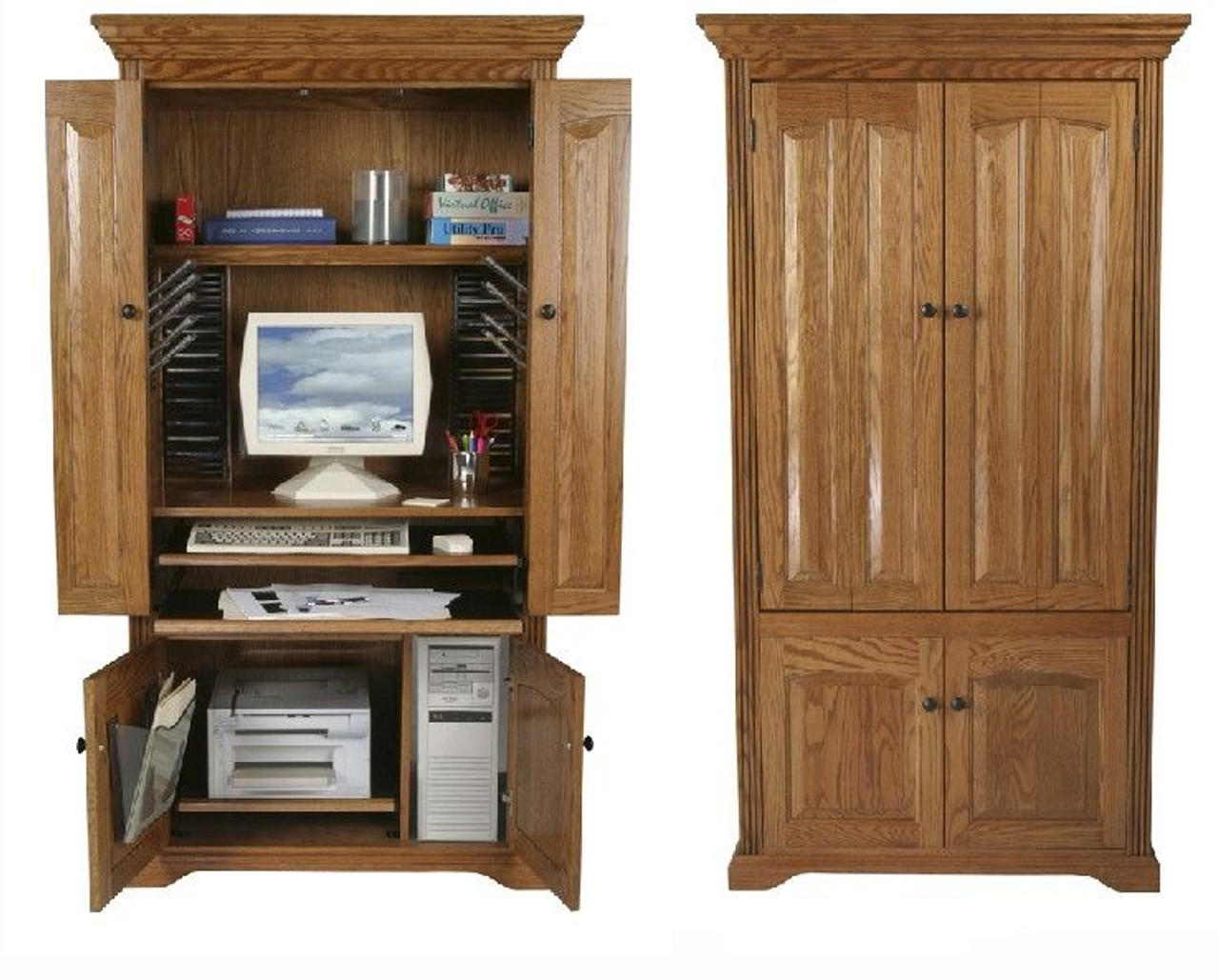 Eagle 38 x 72" Montclair Oak Ridge American Hardwood Home Office Furniture Computer Armoire with 2 Bi-Fold Raised Panel Wood Doors, Fluted Detail, Printer Pull-Out Tray and CPU Storage, Available All Stain Finishes, Part # E-93415