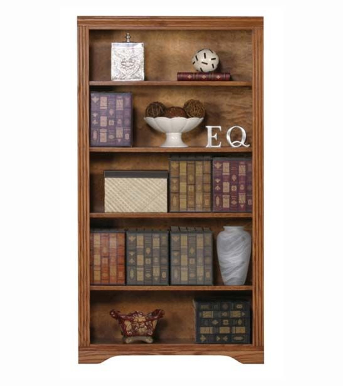 Eagle Industries 93360 32" x 60" Oak Bookcase Medium FInish Ridge Furniture Transitional Home Office Open Library Style Solid American Hardwood Bookcase with 4 Adjustable Shelves and Fluted Detail, Part # E-93360