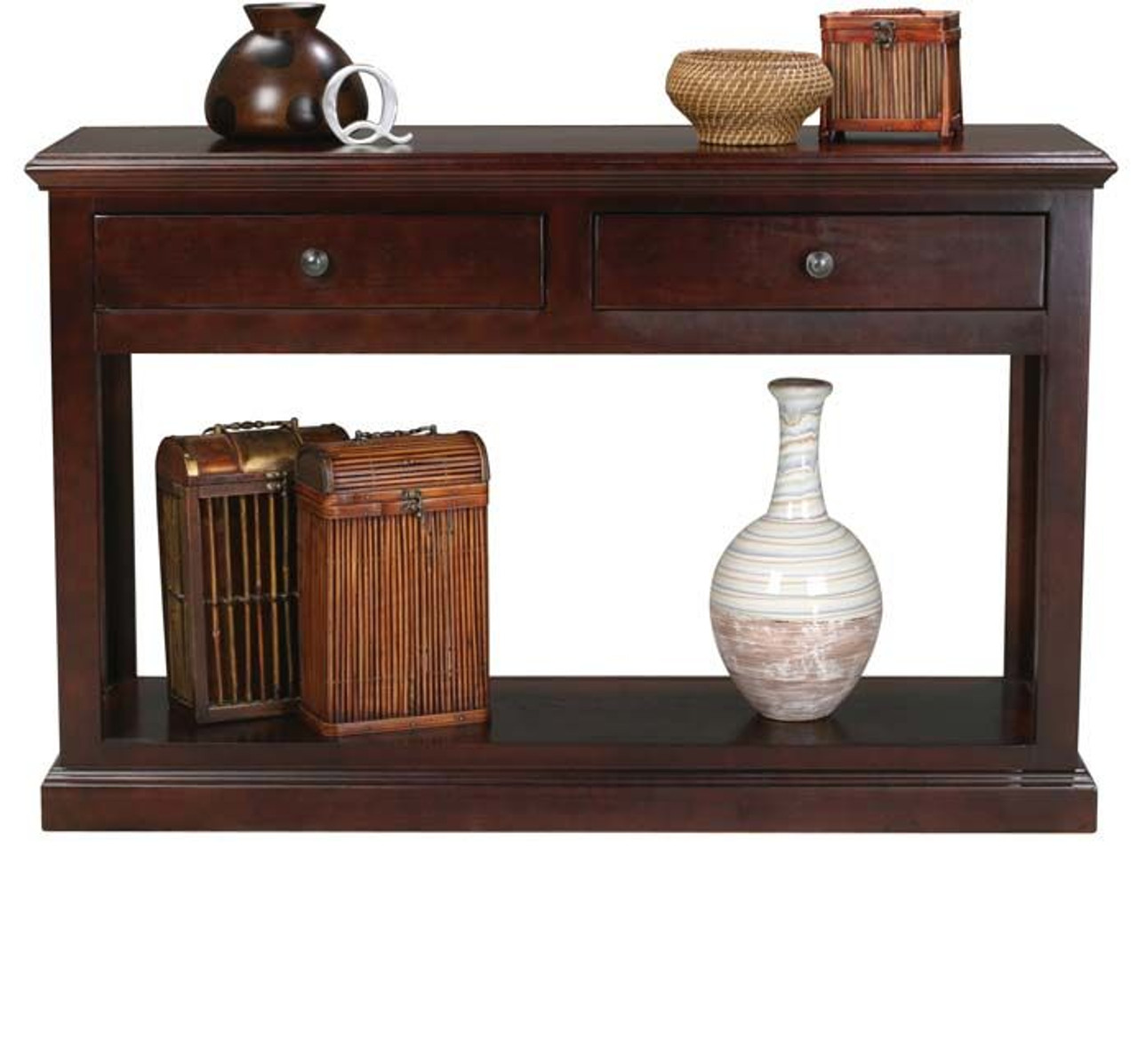 Sofa Table 49.25" Wide x 32" Tall Coastal Solid Hardwood Home Accent Furniture Open Style Wood Design, 2 Drawers and Open Bottom Display Shelf, Shown in Caribbean Rum Finish, Eagle Part # E-72325