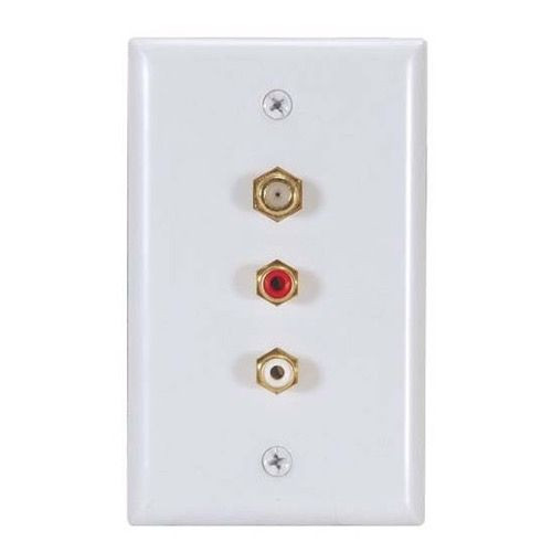 Steren Dual RCA Female with F Coaxial Cable Wall Plate White Audio Speaker Jack Stereo AV Plug Connect Flush Mount Outlet Cover, RCA Audio/Video Plug & Coaxial Cable Wall Plate
