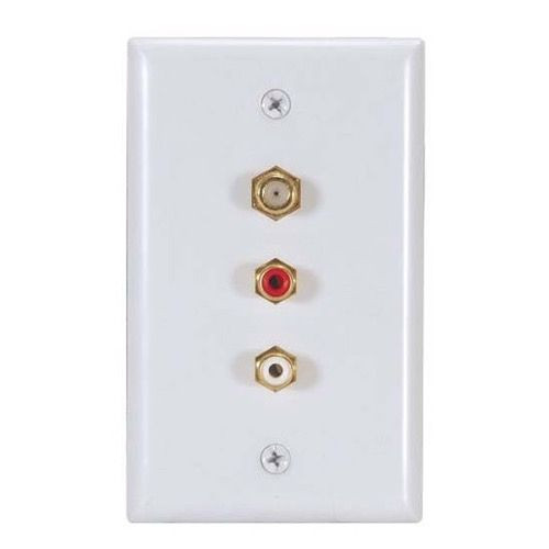 Speaker Wall Plate Dual 2 RCA Female Jack and F-Connector F-81 White Gold Combo Speaker Stereo AV Plug Connect Philips PH62075 Flush Mount Outlet Cover, Part # PH-62075