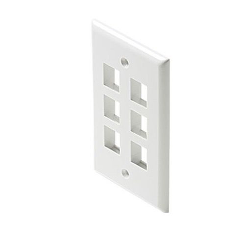 Channel Master 6 Cavity Port Keystone Wall Plate White QuickPort Flush Mount, Audio Video Modular Telephone Data Plug Connection, Part # AKFP6W