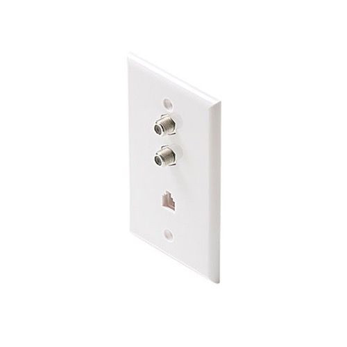 Eagle Aspen 502W Wall Plate with Dual F-81 Connector Jack RJ11 TV Telephone Combo Wall Plate White 2 Coaxial F-Connector 1-Phone 4C Modular RJ-11 Port 75 Ohm Connector Combination Flush Mount Wall Plate, Part # 502-W