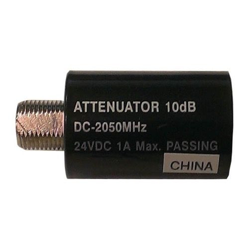 Channel Master 2810IFD 10 dB AC/DC Passive Attenuator 40-2150 MHz F-Type 75 Ohm Female to Male Inline 24 VDC 1A Max Passing Nickle Plated In-Line Coupler Connector 1 Pack, Part # 2810-IFD
