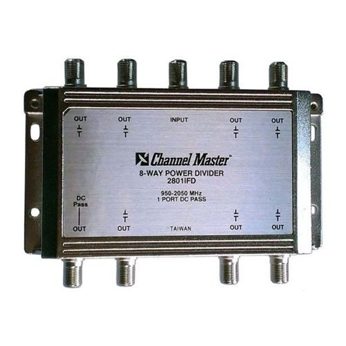 Channel Master 2801IFD 8-Way Splitter 2 GHz Power Divider 950 - 2050 MHz 1 Port DC Passive Splitter 1 Input 8 Output Satellite High Frequency UHF / VHF Video Signal TV Antenna Coax Cable