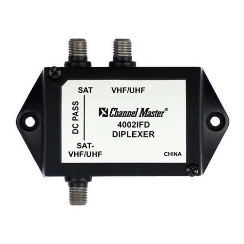 Channel Master 4002P Satellite Diplexer Combiner DC Passive Commercial Grade High Performance UHF/VHF Antenna Signals 2 GHz 950 - 2150 MHz Combining HDTV Antenna / Satellite Signal Diplexer with Weather Boots, Part # 4002-P
