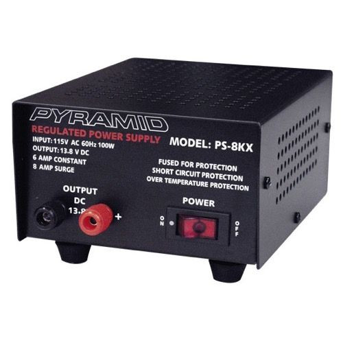 Pyramid PS-8KX 12 VDC 6 Amp Power Supply AC/DC Converter 115 VAC Input 100 Watts Output 13.8 VDC, Fully Regulated Solid State Low Ripple Power Supply with Screw Terminals and Fuse Protected, Part # PS8KX