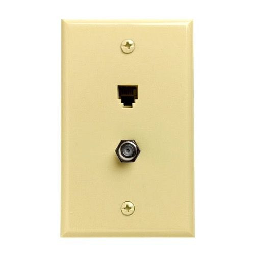 Leviton C2650I Wall Plate Telephone F Jack Coaxial 6 Conductor 6P6CRJ11 Ivory Video Phone Type Coax Combo 6-Wire F-81 Coax Cable Data Line Audio Signal Video 75 Ohm Coaxial Plug, 2 Device Outlet Cover, Part # C-2650-I