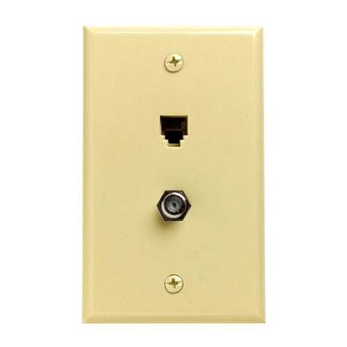 Leviton C2450I Dual Wall Plate Phone Jack F Type Coax Combo Ivory RJ11 RJ-11 Coax Cable Data Line Audio Signal Video 75 Ohm Coaxial Plug, 2 Device Outlet Cover, Part # C-2450-I