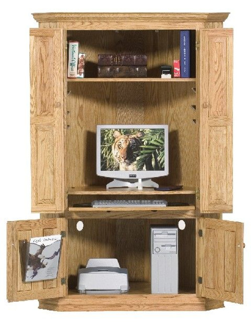 Eagle 48.5 x 72" Computer Corner Armoire Claremont Classic Oak Home Office Executive Workstation with 2 Tall Bi-Fold and 2 Small Raised Panel Wood Doors, Open Bottom Storage, Available in All Stain Finishes, Part # E-16416