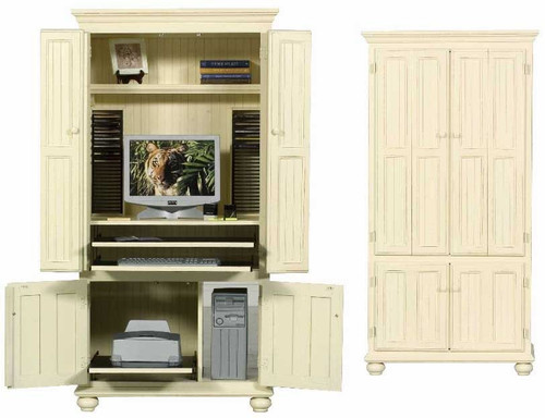 Eagle 37.75 x 74" Computer Hutch Armoire Joplin Sedona Painted Home Office Furniture Closed Cabinet with Solid Wood Bi-Fold Doors, CPU Area, Keyboard Tray, Pull-Out Writing Surface and Sliding Printer Storage, Shown in Antique White, Part # E-76701