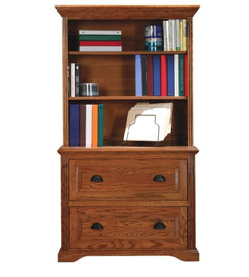 Eagle 38 x 69" Lateral File Printer Stand Bookcase Hutch Oak Ridge American Hardwood Home Office Furniture with Bottom Pull-Out Drawers and Open Top Hutch, Fluted Detail and Arched Base Trim, Part # E-9300708
