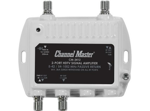 Channel Master Refurbished CM-3412 2 Port Ultra Mini Distribution Amplifier Indoor Outdoor TV Signal 12 dB Gain Multi-Media Drop Amp RF Booster Amp Multimedia 5-42 / 54-1002 MHz Passive Return