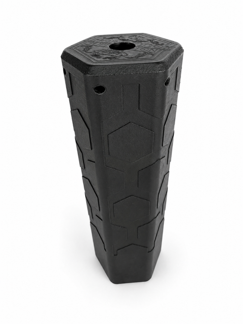 Side Image of the Spooky .36 caliber suppressor detailing the hexagonal patterns on the side and the screw holes for easy disassembly.