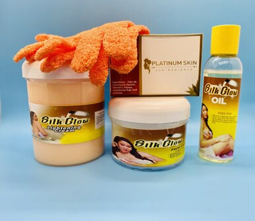 TONER package includes:
Cleansing bar Soap
8 oz Face Cream
16oz Body Cream
Exfoliating Gloves