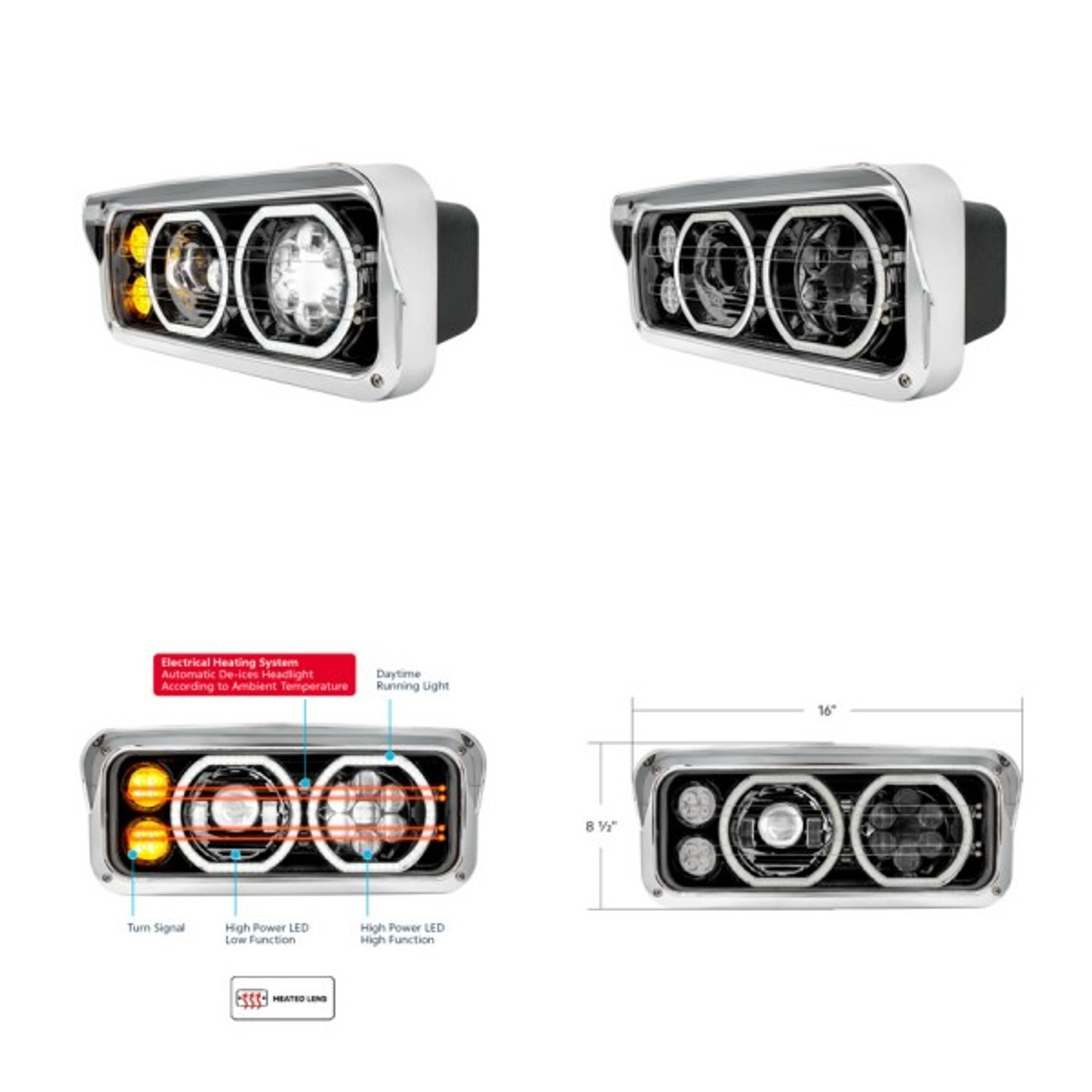 Dual 4" X 6" High Power Heated 10 LED Headlight With LED Turn & Daytime Running Lights - Sold as Each