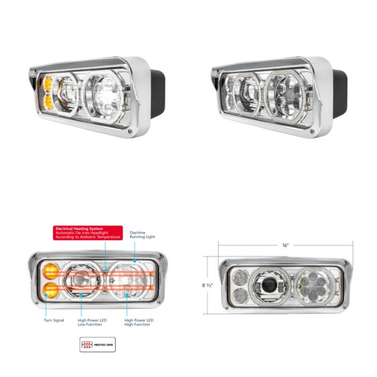 Dual 4" X 6" High Power Heated 10 LED Headlight With LED Turn & Daytime Running Lights - Sold as Each
