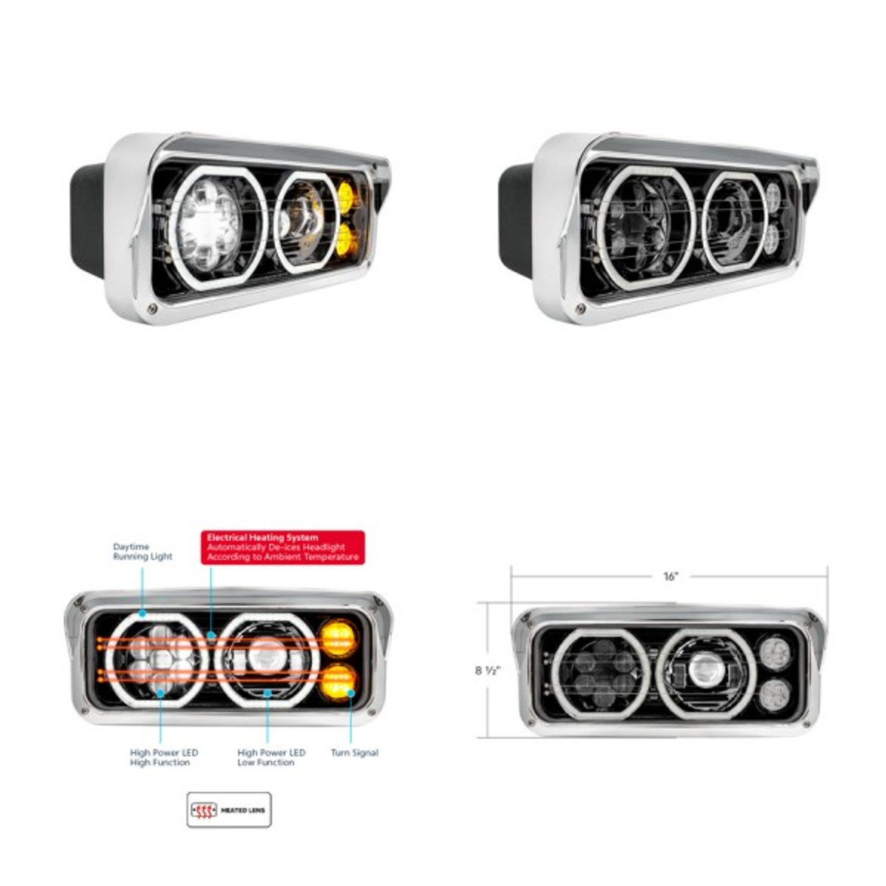 Dual 4" X 6" High Power Heated 10 LED Headlight With LED Turn & Daytime Running Lights - Sold as Each
