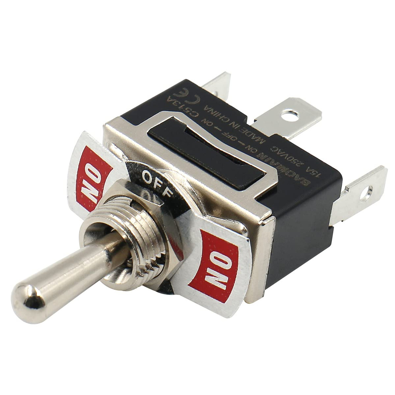Toggle Switch SPDT ON/Off/ON 3 Position 250VAC 15A 1/2" mounting Hole Tab Terminal 1/4" Width