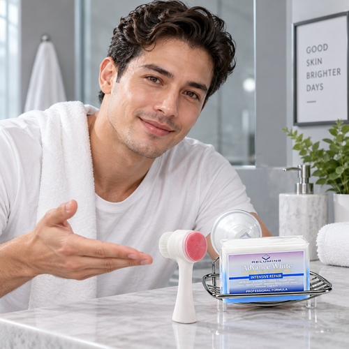 Relumins Advance Whitening Soap, Facial Cleansing Brush and Stainless Steel Soap Dish Set