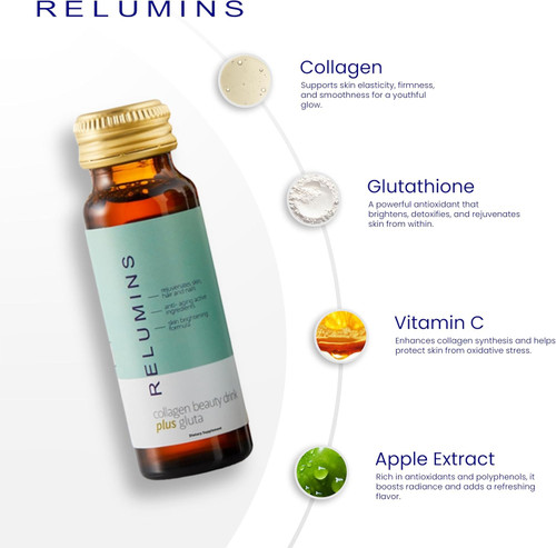 Relumins World's Most Advanced Collagen Drink - 10,000mg w/Glutathione & Antioxidants | USA's No.1 Liquid Collagen, Anti-Aging | Apple Flavor | Made in USA - 10 Bottles