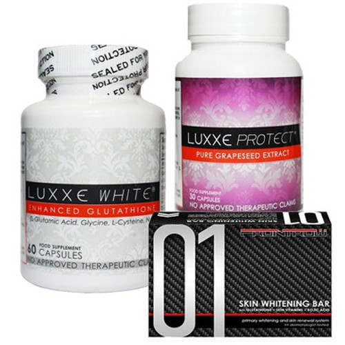 NEW Authentic Luxxe White Enhanced Glutathione & Luxxe Protect Pure Grapeseed Extract & 01 Skin Whitening Soap Bar - SET 