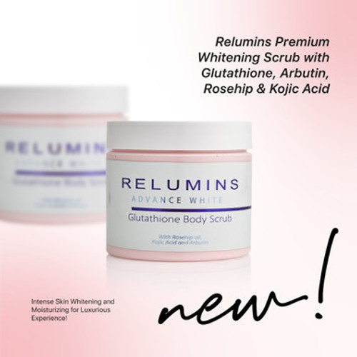 NEW! Relumins Premium Whitening Scrub 400ML amazing formula with Glutathione, Arbutin, Rosehip & Kojic Acid - Visibly Improves Stretch Marks!