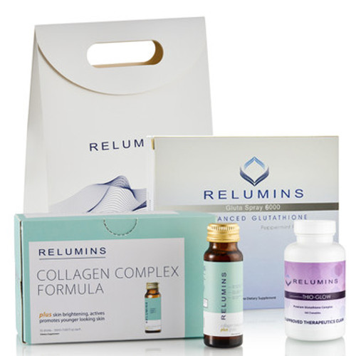 Authentic Relumins Get Glowing From Within - Collagen Drink, Chewable Sublingual Glutathione Complex, and Oral Glutathione Spray Vials