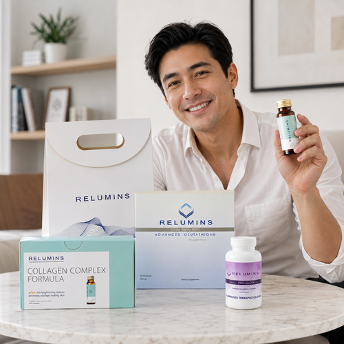 Authentic Relumins Get Glowing From Within - Collagen Drink, Chewable Sublingual Glutathione Complex, and Oral Glutathione Spray Vials