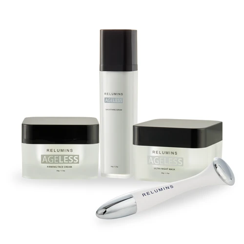 Authentic Relumins Ageless Set - Firming Face Cream, Night Mask, Smoothing Serum, and Transdermal Tool