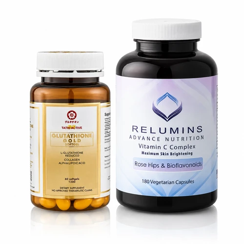 Tatiomax Gold Glutathione 1200mg Brightening Gel Capsules & Relumins Vitamin C MAX Stack