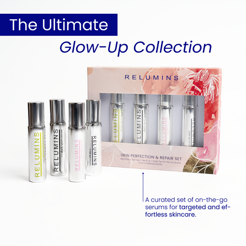 Relumins Advance White On-the-Go Rollerball Serum Set - 4-Piece Face, Eye, Lip & Skin Care Kit - Hydrating, Nourishing, Radiance-Boosting Travel Serums - Natural Botanical Ingredients