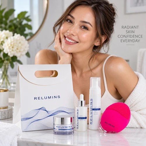 Authentic Relumins Complete AM Skin Care Routine - Clarifying Foam Cleanser, Face Massager, Repair Serum, and Facial Cream