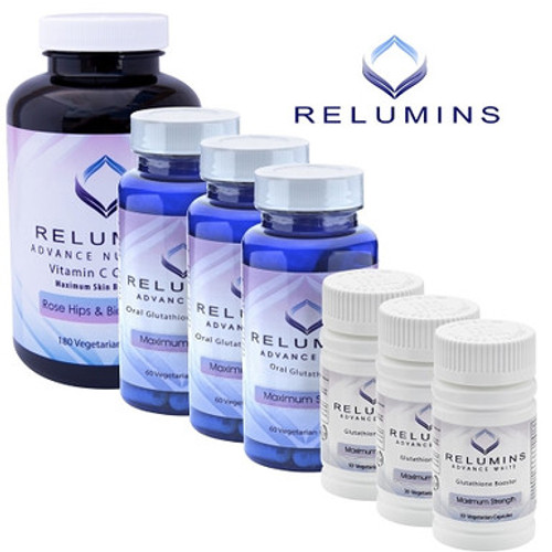 NEW 3 Month Supply Relumins Advanced White Oral Glutathione, Vitamin C MAX & Booster Capsules - Ultimate Whitening Set - NEW with Rose Hips