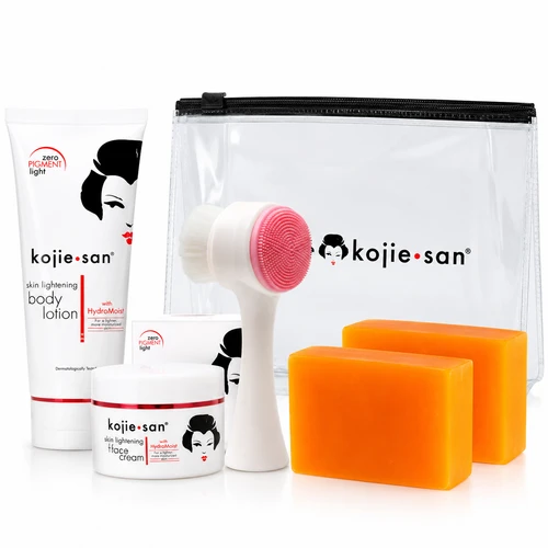 Kojie San Face & Body Whitening 5pc Set - W/ Soap, Environmental Protection Body Lotion, Face Cream and Brush