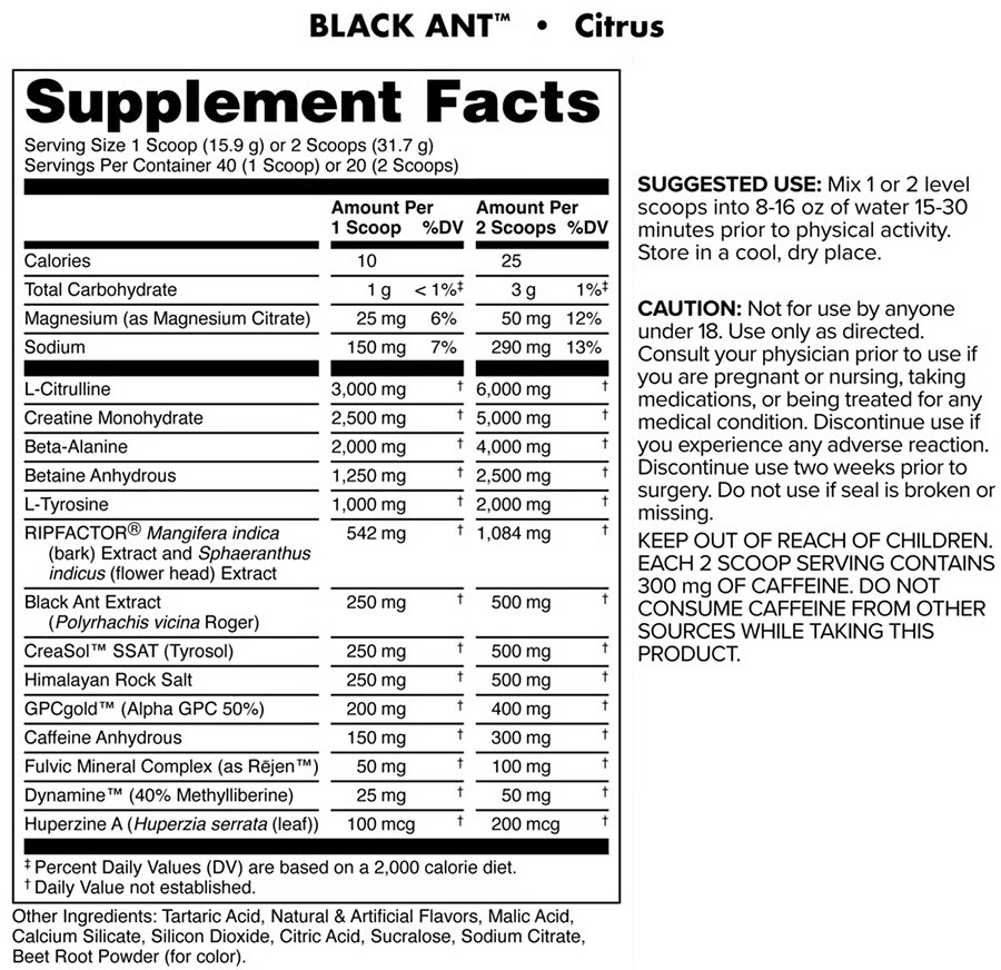Bucked Up Black Ant - Supplement Facts