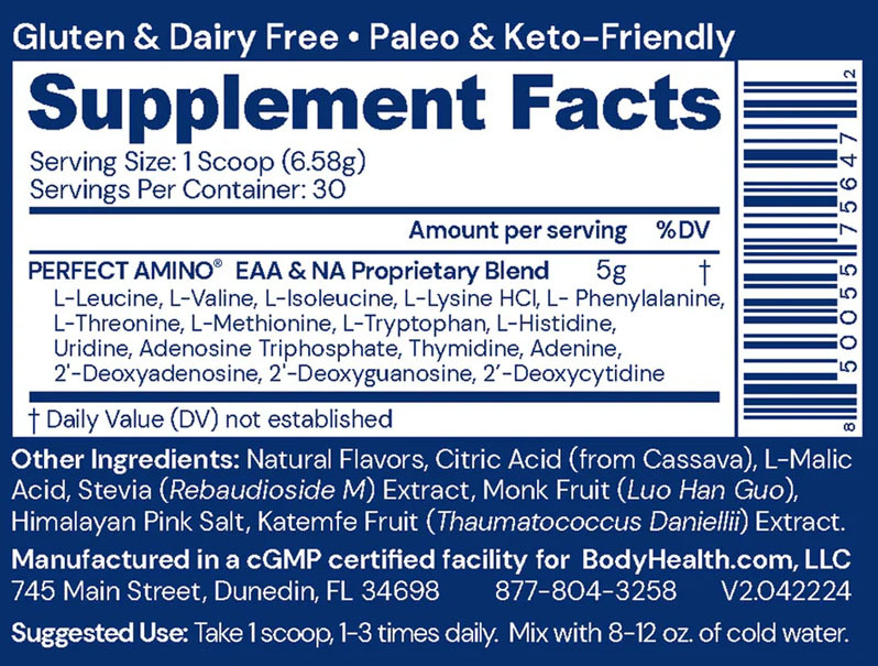 Perfect Amino Powder by BodyHealth - 30 Servings - Mixed Berry - Supplement Facts