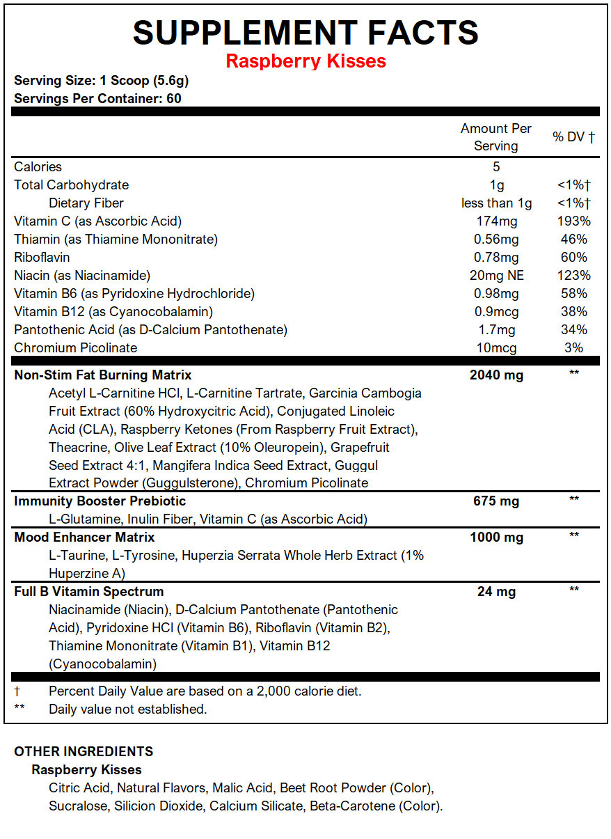 OxyShred Non Stim Thermogenic Fat Burner by EHP Labs - Raspberry Kisses - Supplement Facts