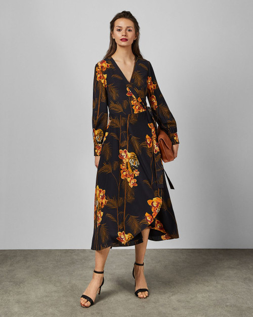 Caramel Printed Wrap Dress