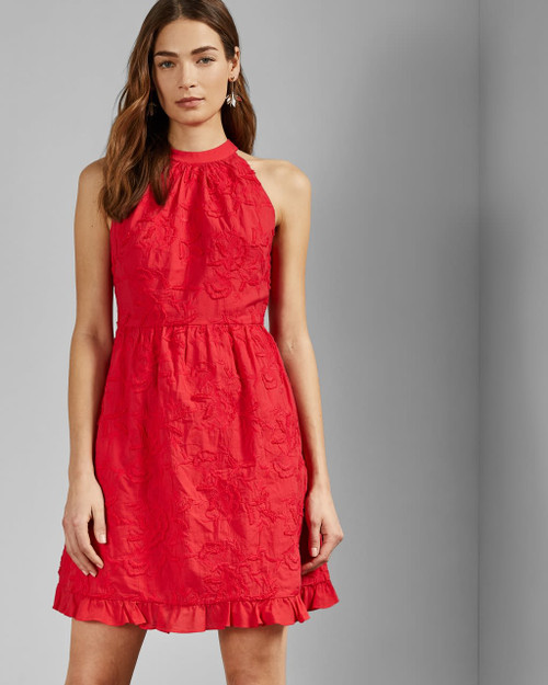 Halter Neck Skater Embroidery Dress