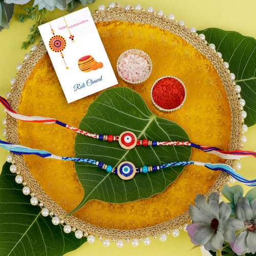 Two Fancy Rakhi with Traditional Puja Thali - For UK