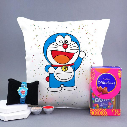 LED Light Doraemon Kids Rakhi with Pillow N Chocolates - For INDIA