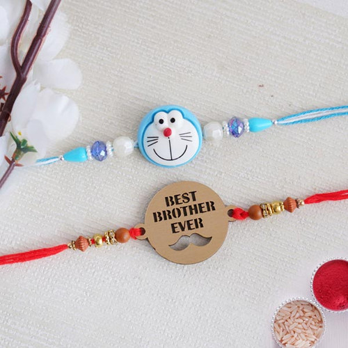 Set of Wooden Rakhi and Doraemon Rakhi - For INDIA