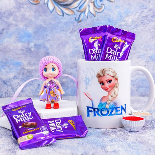 Doll Rakhi Frozen Mug Combo with Chocolates - For INDIA