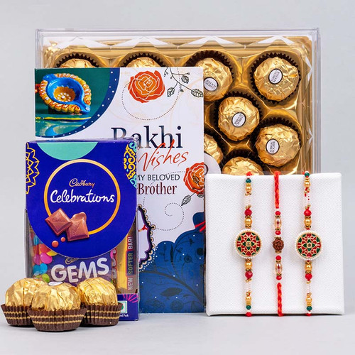 Set of Designer Rakhi with Rudraksha Rakhi and Chocolate - For INDIA