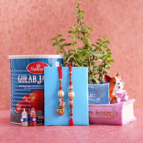 Bhaiya Bhabhi Rakhi with Jade Plant and Gulab Jamun - For INDIA